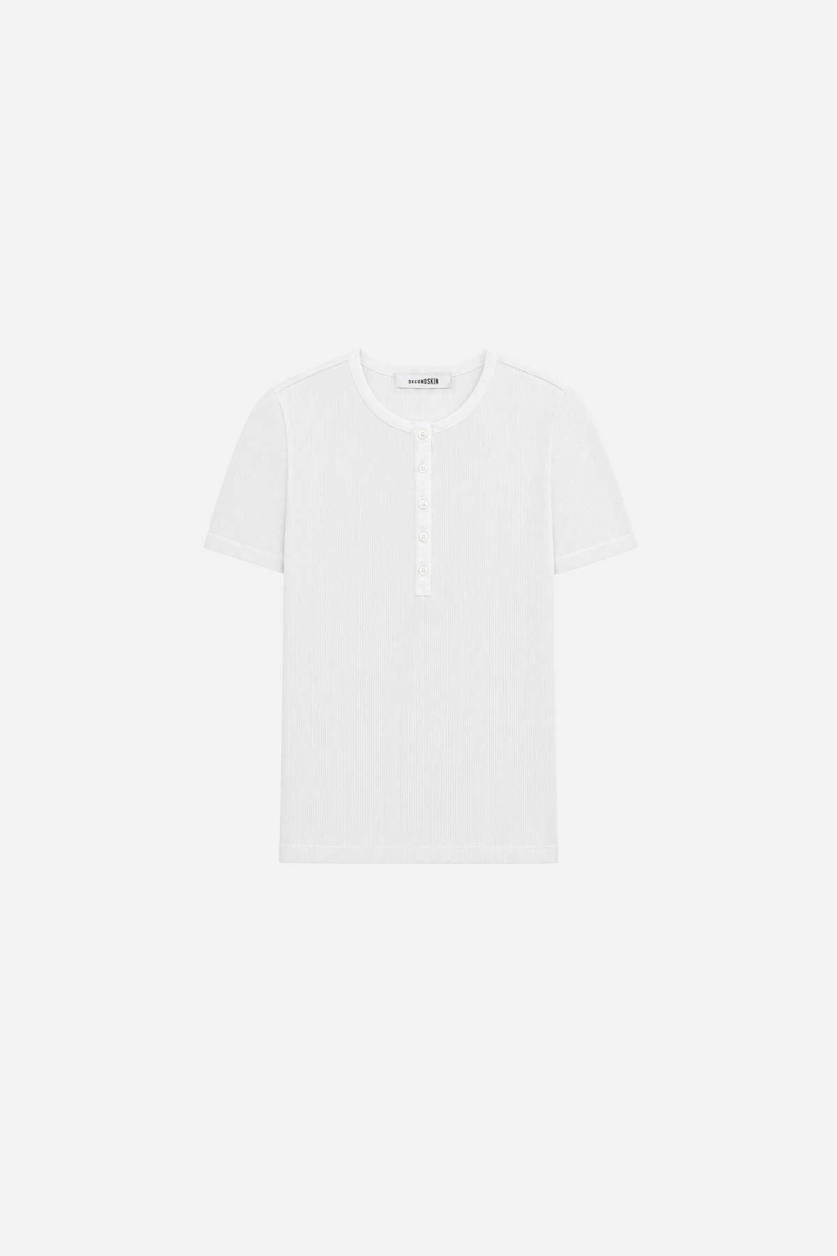 Second Skin white short sleeve Henley, front view